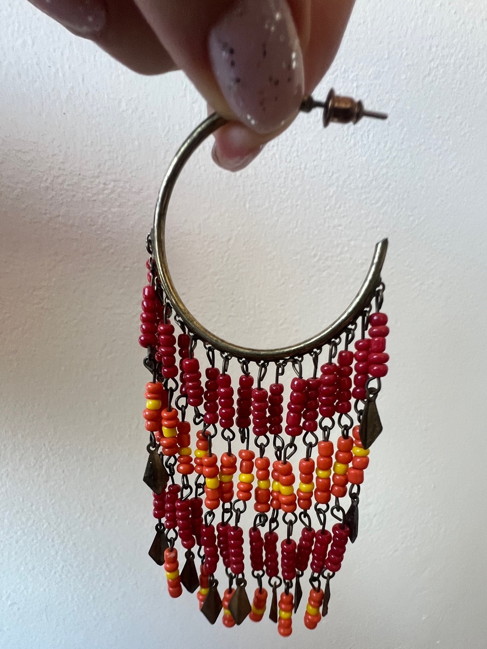 Boho Beaded Fringe Hoop Earrings — Red & Orange 4 inch - Picture 7 of 8